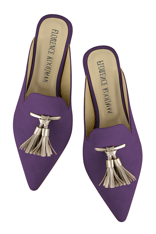 Amethyst purple and gold women's loafer mules. Pointed toe. Flat flare heels. Top view - Florence KOOIJMAN